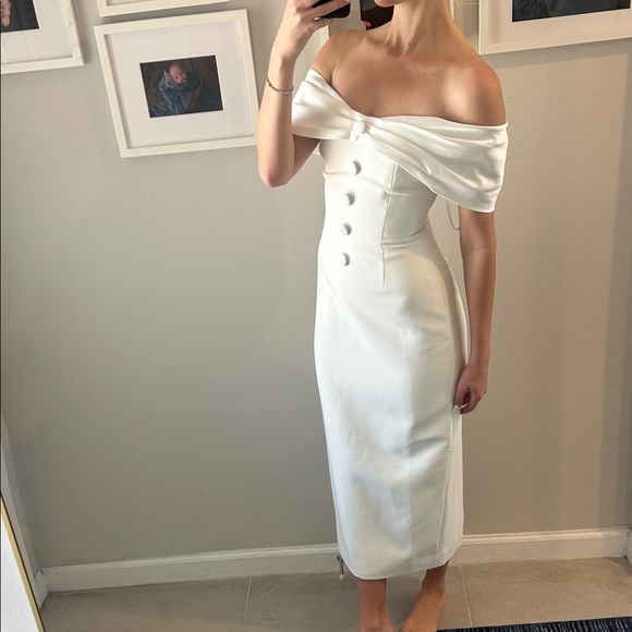 Bridal Off-Shoulder White Midi Dress - Picture 4 of 6